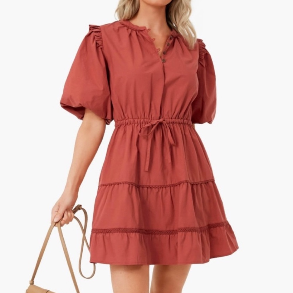 Lost + Wander Terracotta Puff Sleeve Mini Dress